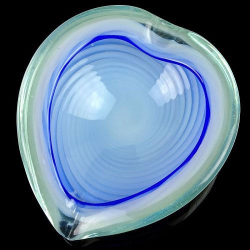 Toso Murano Opalescent Optic Swirl Blue Italian Art Glass Heart Bowl
