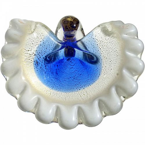 Murano Blue White Gold Fleck Italian Art Glass Seashell Bowl Ring Dish