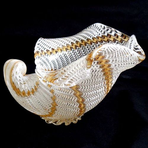 Dino Martens Murano 50s Ribbons Italian Art Glass Seashell Bowl