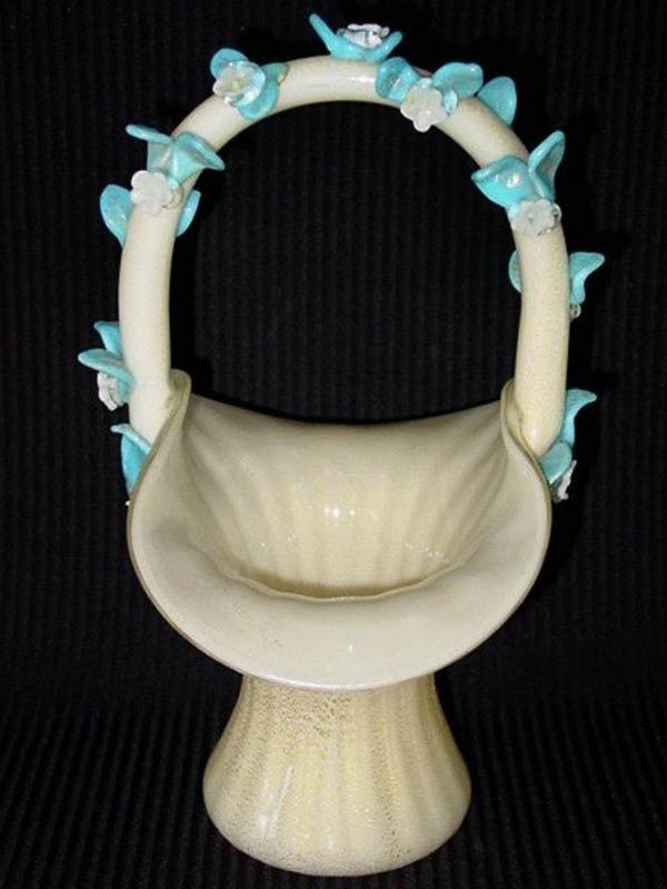 Murano BARBINI 50s Opal White GOLD FLECKS Basket Vase