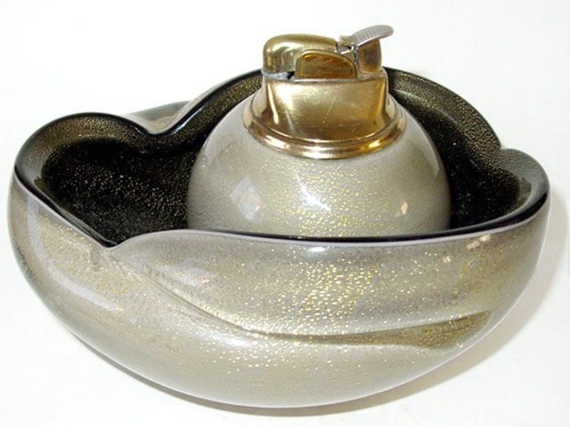RARE Murano BARBINI GRAY GOLD FLECKS Bowl Lighter SET