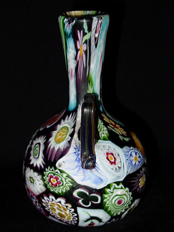 ANTIQUE Venetian TOSO Black MILLIFIORE 2 Handle Vase!