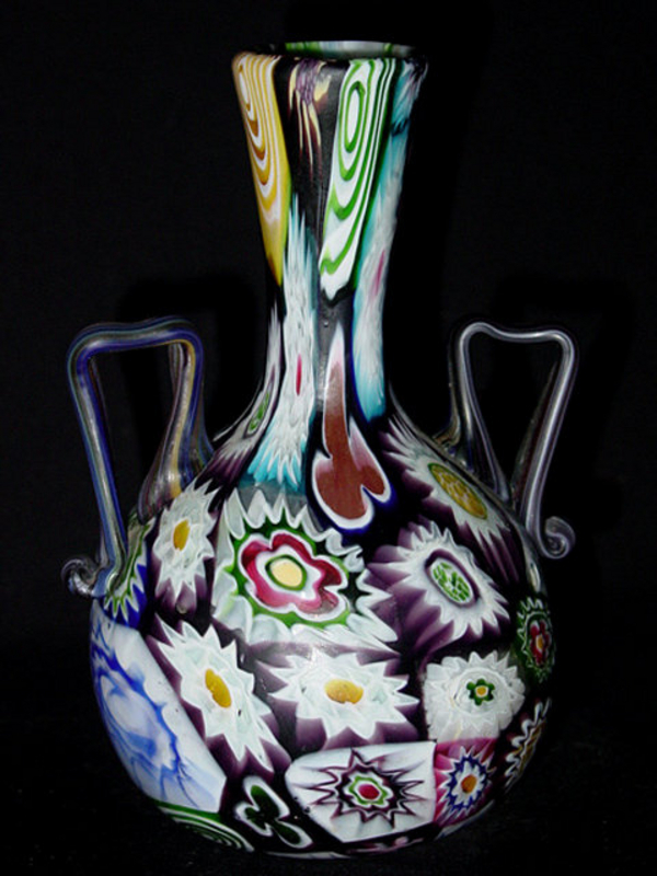 ANTIQUE Venetian TOSO Black MILLIFIORE 2 Handle Vase!