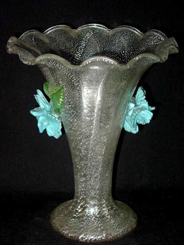 Venetian Murano SILVER FLECKS Blue Flowers Vase