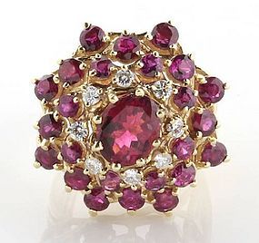 Pink tourmaline, diamond and 14K gold bombe ring