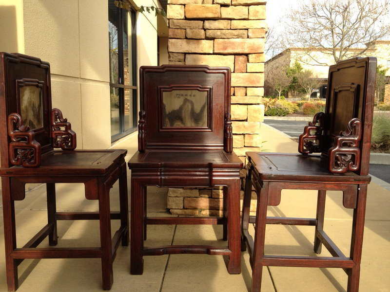 4 Chinese Hardwood Chairs with marble insert