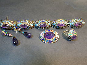 Suite of Chinese gilt enamel amethyst jewelry