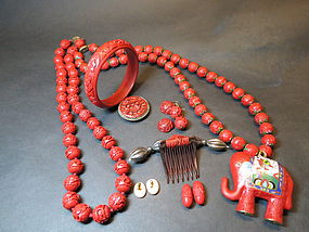 collection of Chinese Cinnabar jewerly