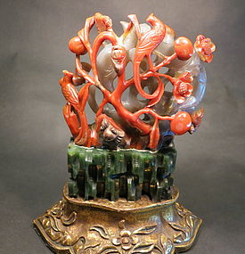 Chinese Jade and Agate carving of bird and rocks