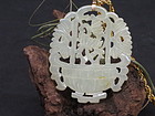 White jade carved flower basket pendant necklace