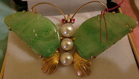 Vintage Chinese Jade butterfly gold brochet