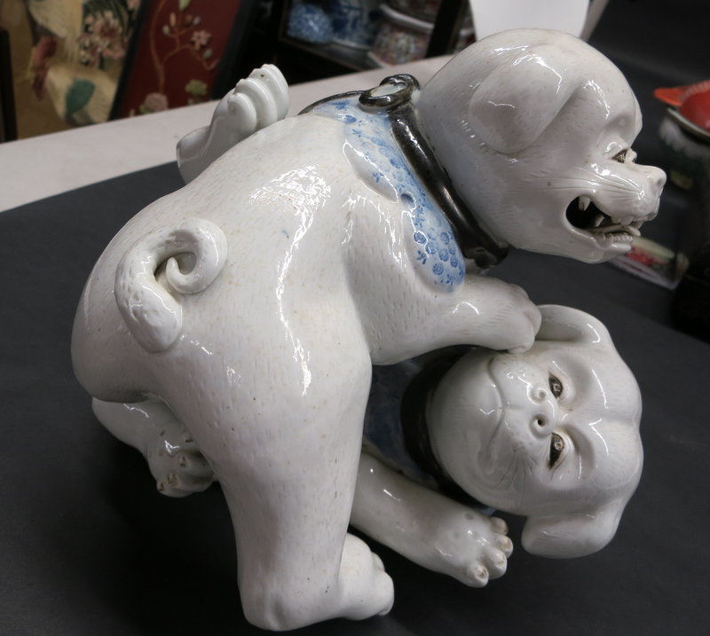 Japanese porcelain two puppies sculpture