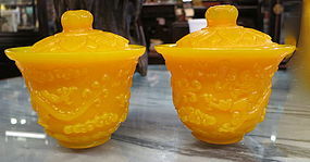 Pair of Yellow Peking glass cover tea bowls  Gai Wan