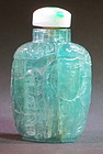 Antique carved aquamarine snuff bottle jadeite stopper