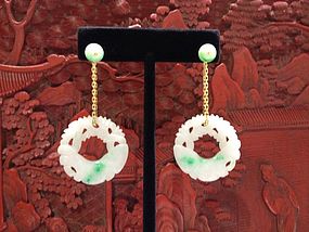 Apple greenJadeite carved disc with gold chain earrings