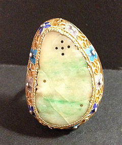 large antique jadeite gilt silver enamel ring