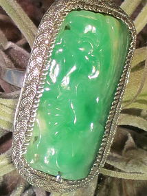 Carved Chinese Apple green jadeite ring in silver