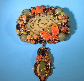 Fancy Art Deco style Chinese jade brooch