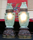 A pair of carved jade  covered vase lamp