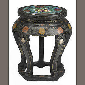 Chinese black lacquered wood stool with cloisonne inlay