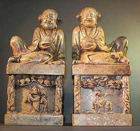 A pair of Chinese large soapstone seal of Harmony twins