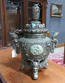 Tibetan jade coral turquoise  mounted covered censer