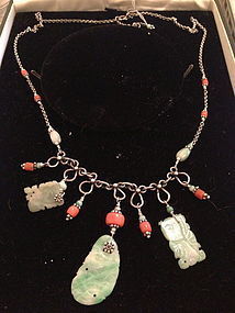 Chinese antique coral  jadeite silver necklace