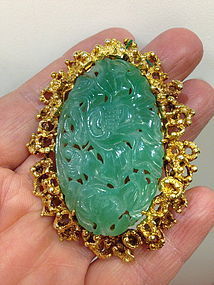 large Chinese carved jadeite and 18k gold brooch pin