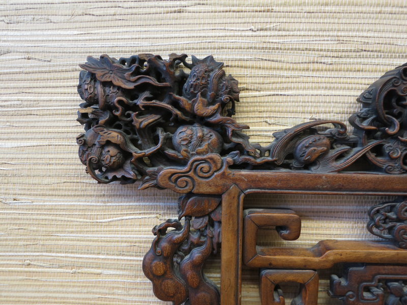 Carved Chinese rosewood panel Fu dog motif