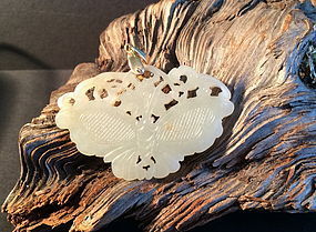 Chinese white jade nephrite butterfly with gold loop