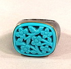 Carved turquoise color  and gray jade 14K gold ring