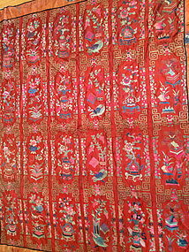 Chinese Red embroidered silk hanging of flower basket