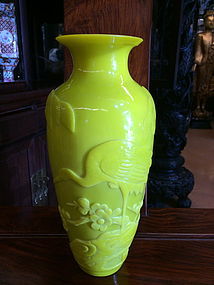 Carved Chinese yellow Peking glass vase