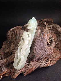 19th Century white jade nephrite dragon belt hook