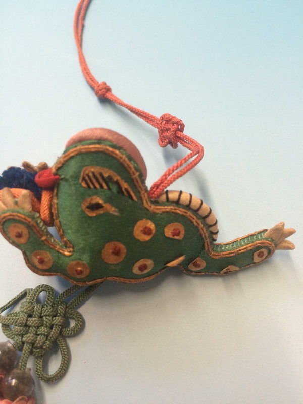 Silk embroidered three legged lucky toad tassel charm