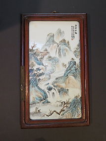 A Chinese framed porcelain landscape plaque