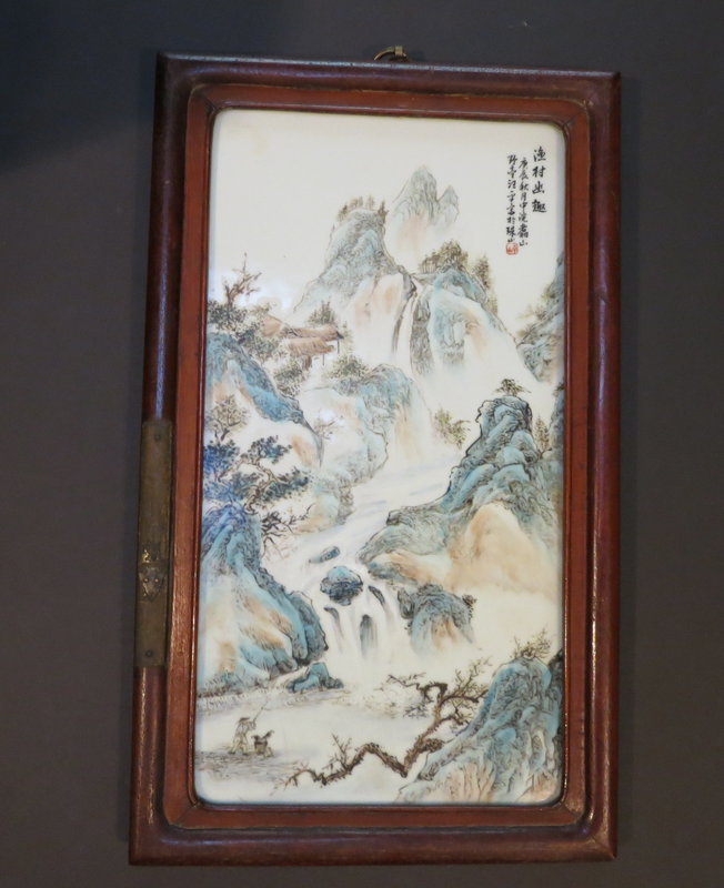 A Chinese framed porcelain landscape plaque