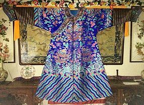 19th Century Blue embroidered dragon robe