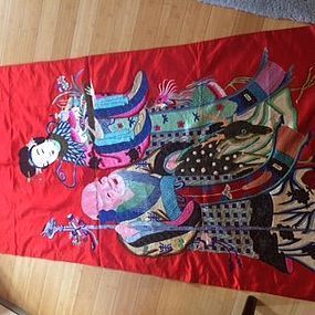 Large embroidered crimson tapestry of MaGu and god of longevity