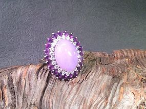 Large lavender jade white gold diamond amethyst ring size 7