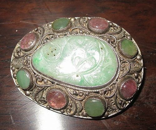 Antique Chinese jadeite tourmaline silver filligree brooch pin