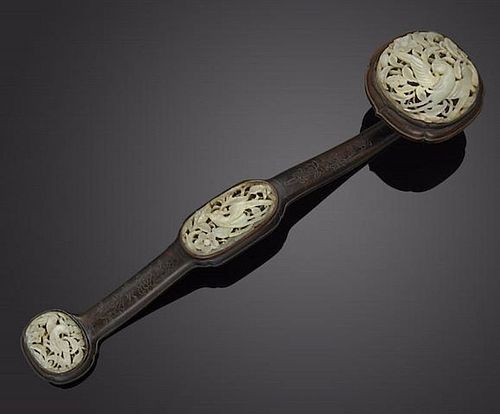 A Zitan wood ruyi scepter with jade plaques Late Qing dynasty