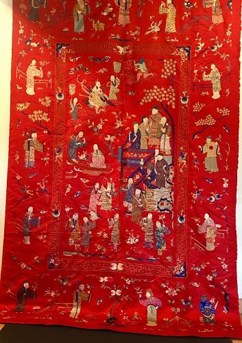 Chinese antique embroidered red panel