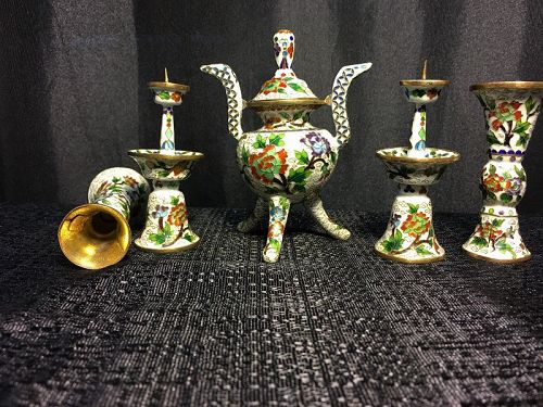 Set of 5 Chinese export cloisonne incense burner and candle sticks