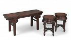 A burl wood inlay hongmu table and two stools