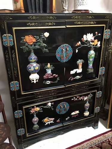 Chinese cloisonne and soapstone inlay storage cabinet