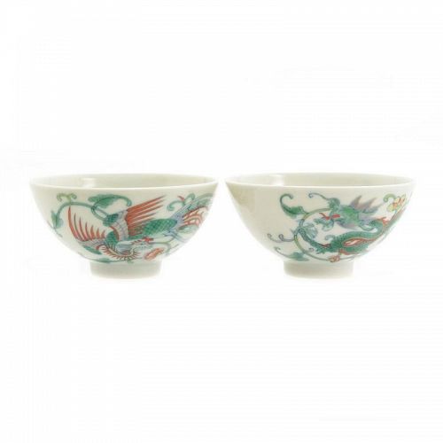 Pair of Chinese Doucai Bowls Dragon and Phonix Motif