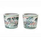Pair of Chinese Famille Verte Figural Flower Pots