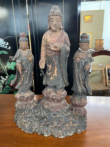 Antique Chinese painted and carved three wooden Buddha statue.