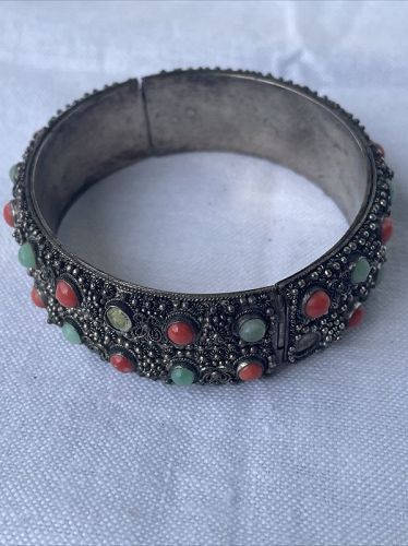 Chinese antique silver bangle bracelet coral and jade embellished